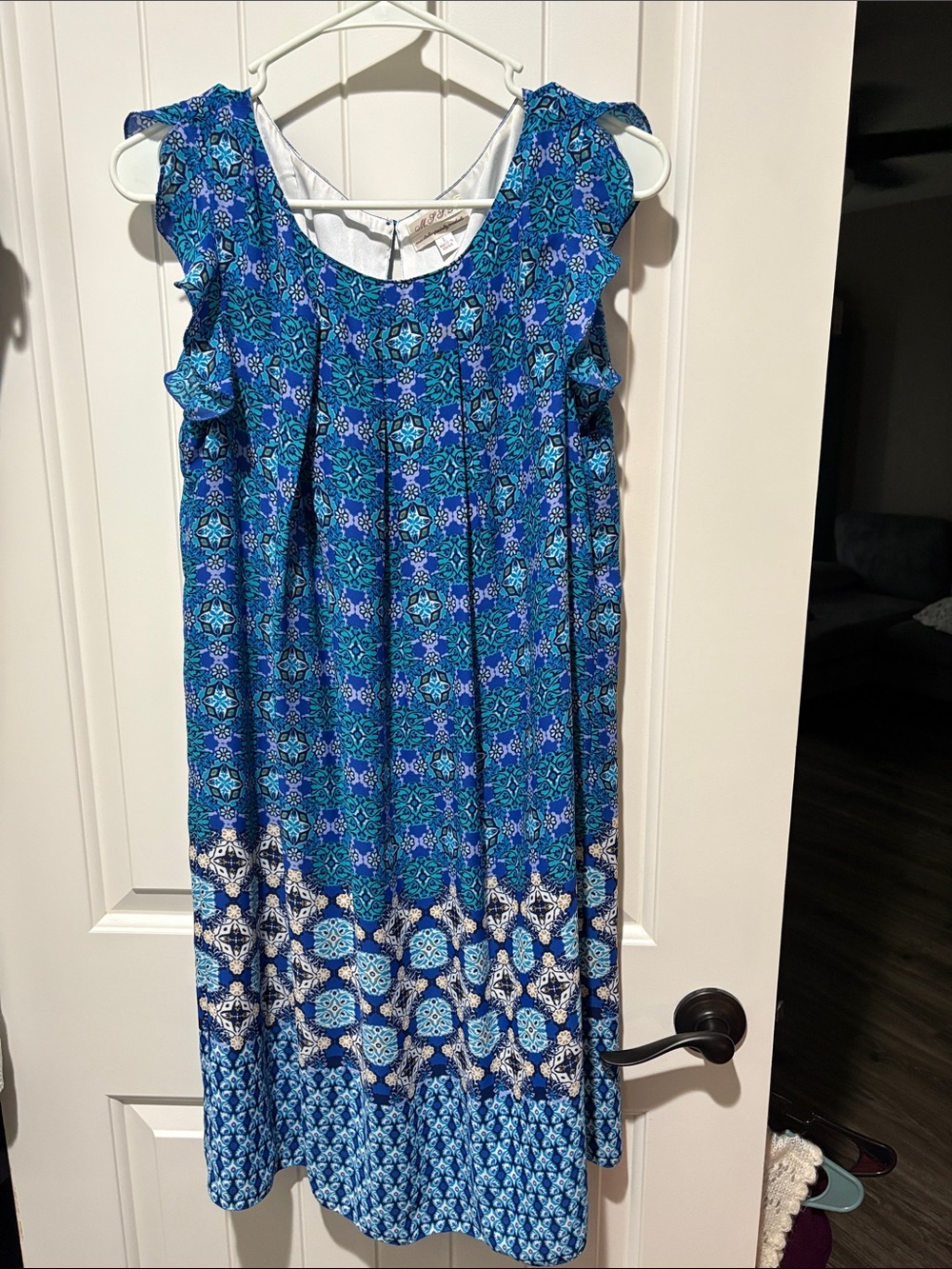 Blue Printed Sleeveless Midi Dress with Ruffle Shoulders